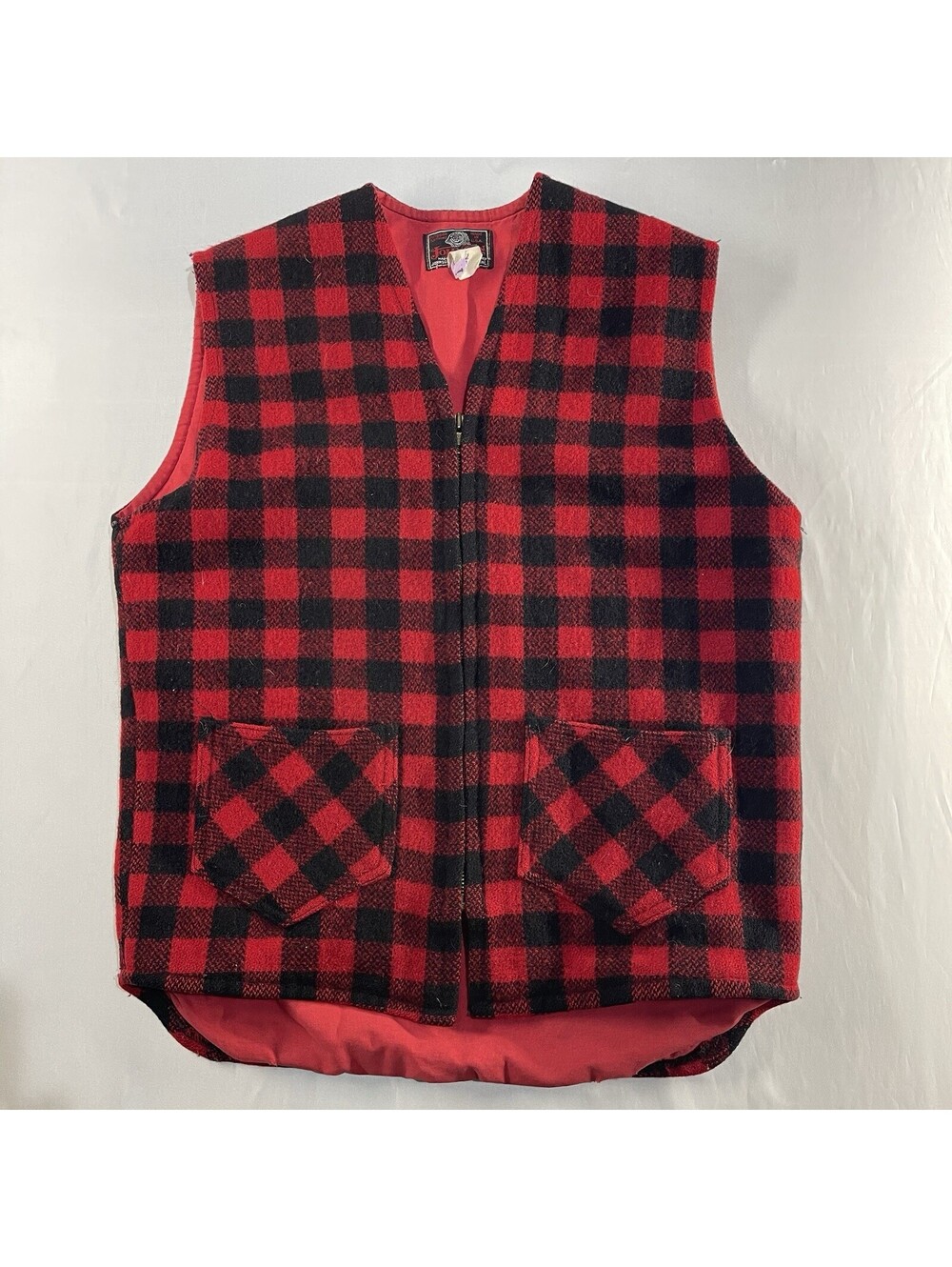 Johnson Woolen Mills Vintage Black/Red Buffalo Plaid Zip Wool Vest Mens Sz 38 XS